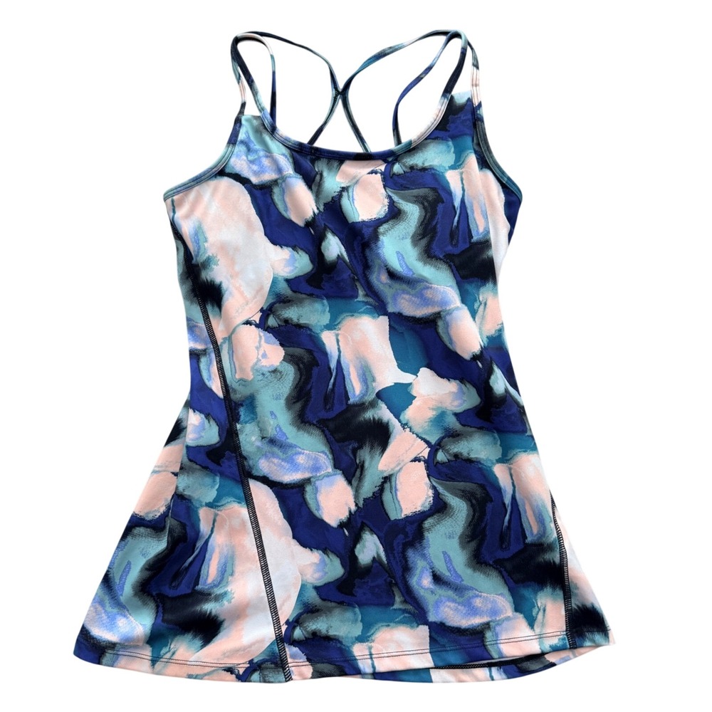 Gaiam Tank Top Womens Small Blue Pink Abstract Watercolor Strappy Shelf Bra Yoga